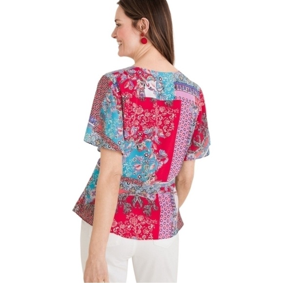 Chicos Patchwork Floral Paisley Peplum Flutter Sleeve Button Up Blouse - Picture 2 of 10